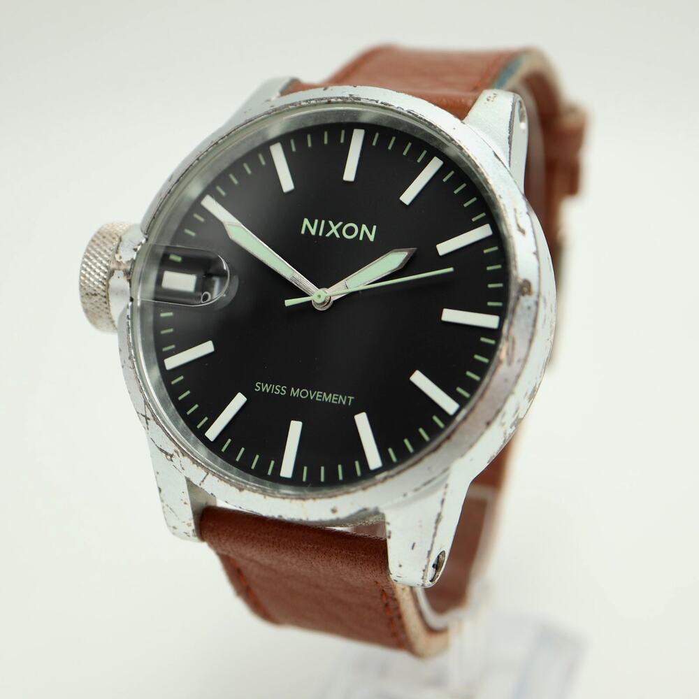 Nixon The Chronicle Swiss Mens 49mm Watch Lefty Brown Leather w New Battery